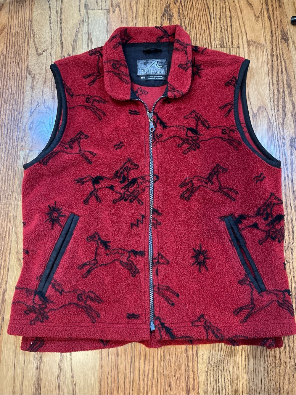 VTG Tsunami Women Vest Horse Print Full Zip Fleece Sherpa Red M Southwestern